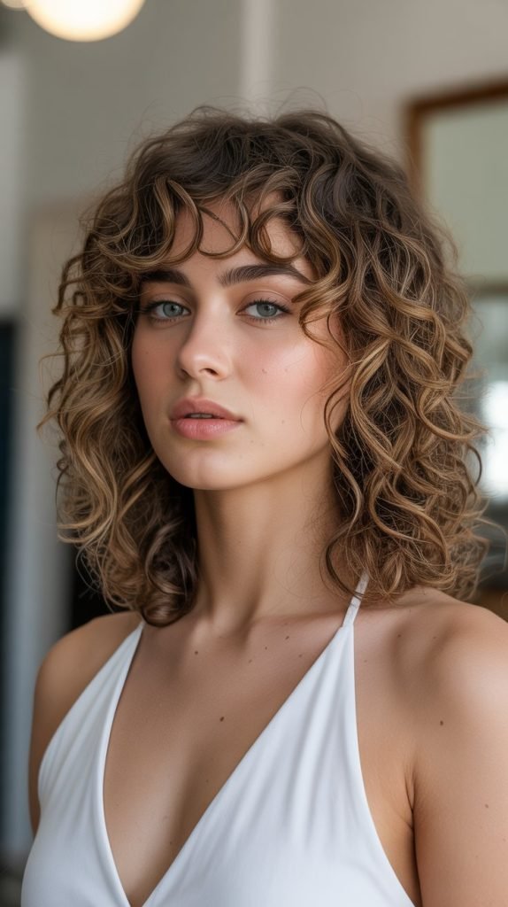 19. Curly Long Bob with Curtain Bangs