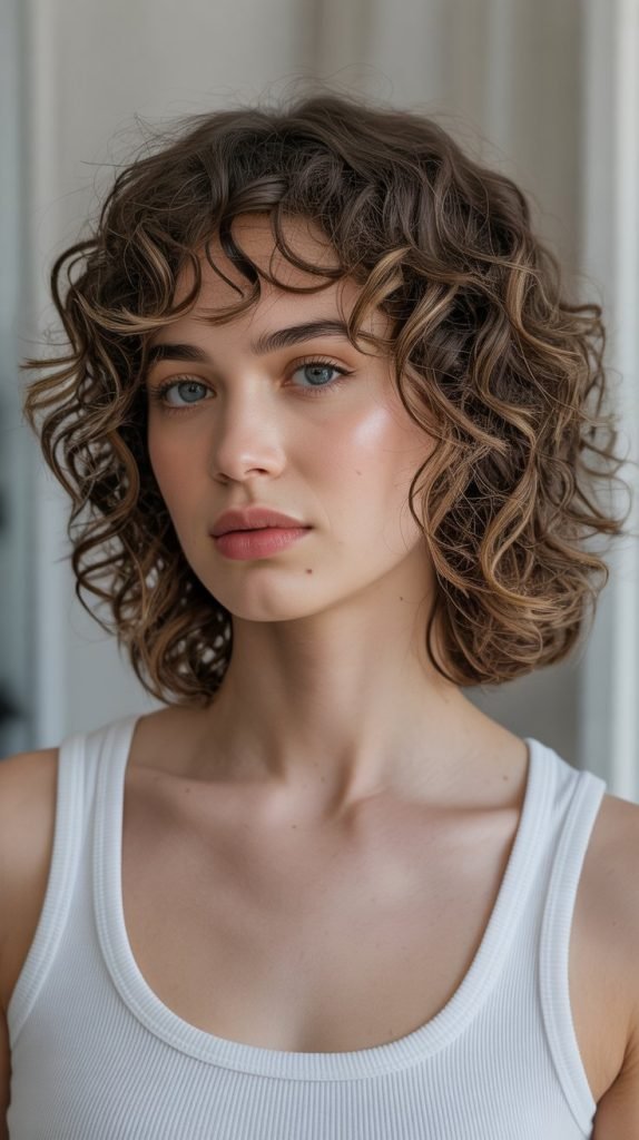 18. Curly Long Bob with Curtain Bangs