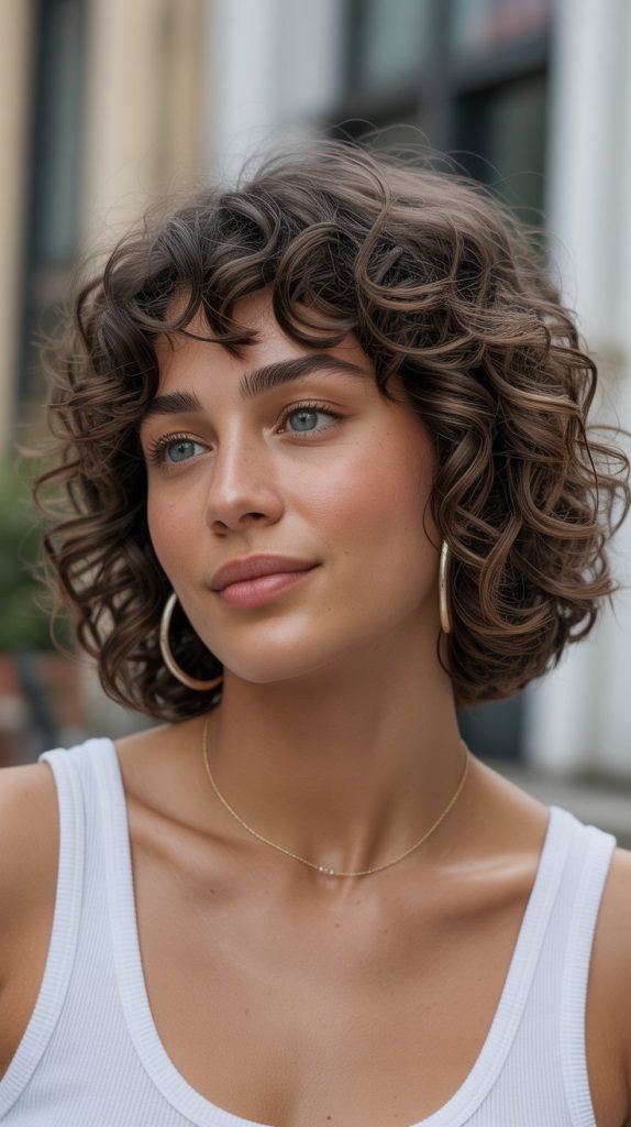 . Curly Long Bob with Defined Curtain Bangs