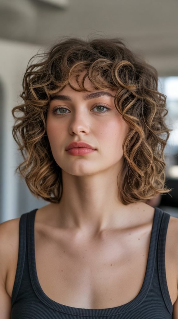 16. Curly Long Bob with Curtain Bangs