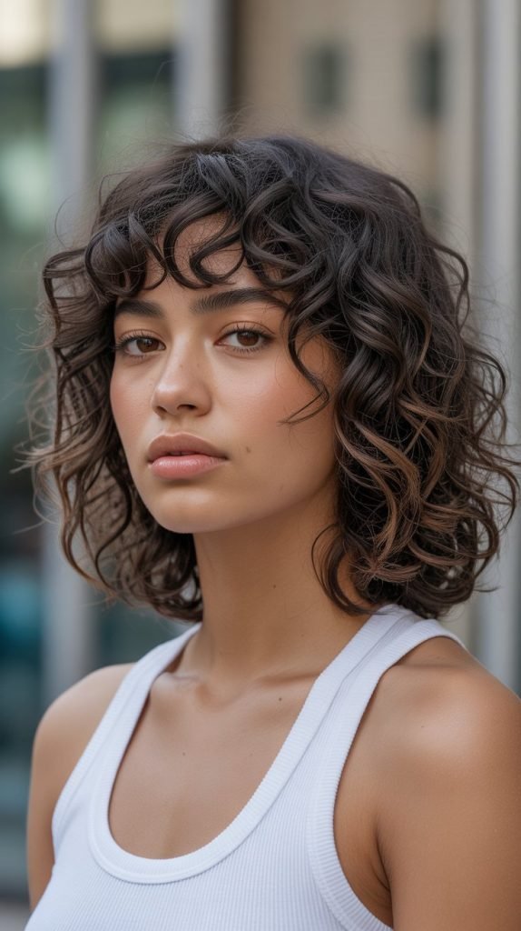 8. Curly Long Bob with Defined Curtain Bangs