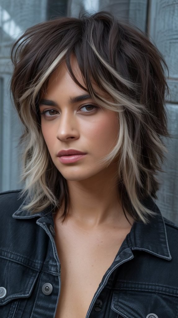 Platinum Streaks with Choppy Layers and Bangs