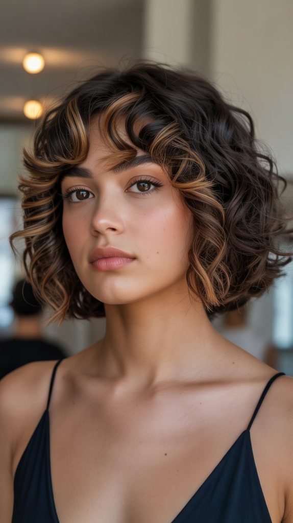 Dark Chocolate Curly Bob with Caramel Curtain Bangs