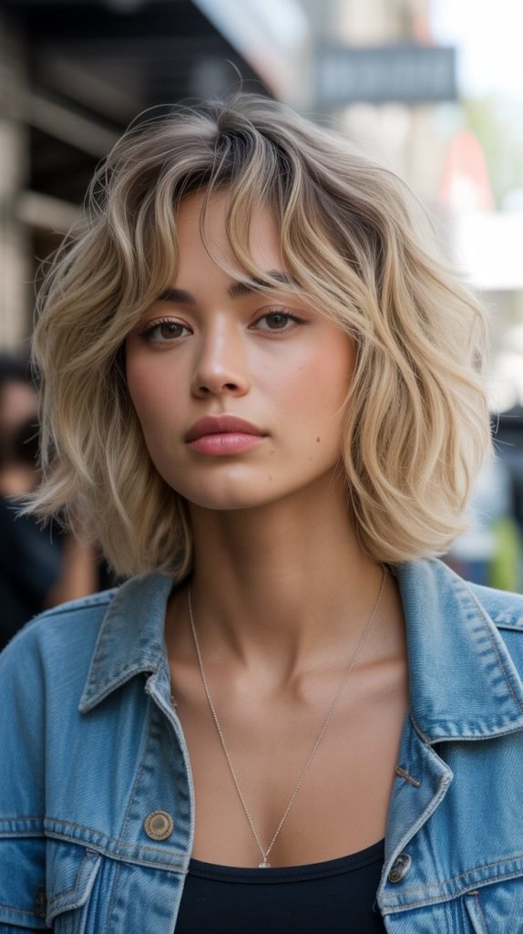 8. Dirty Blonde Tousled Bob with Long Curtain Bangs