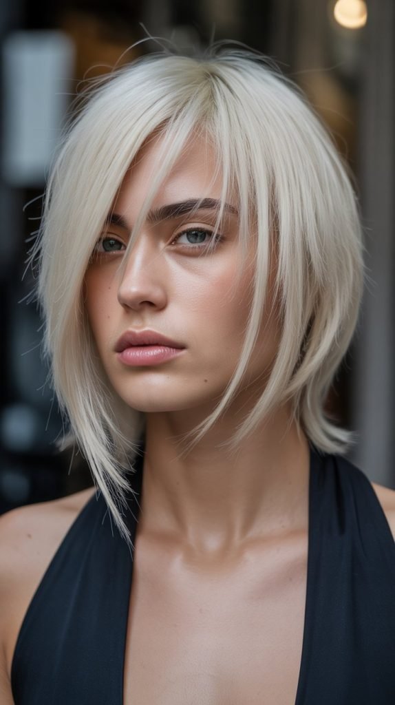  Dramatic Asymmetrical Long Bob with Side-Swept Curtain Bangs
