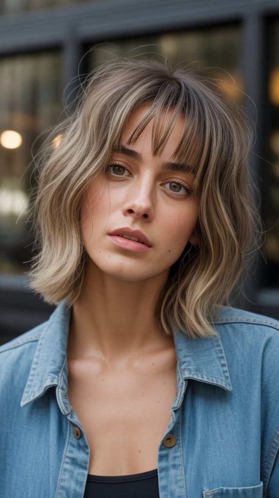  Messy Long Bob with Piecey Curtain Bangs