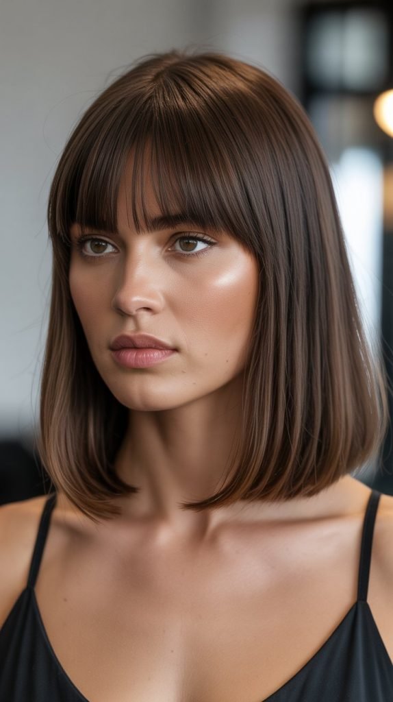 Straight Long Bob with Thick Curtain Bangs