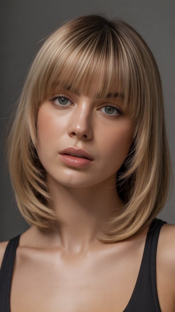  Straight Long Bob with Feathered Curtain Bangs