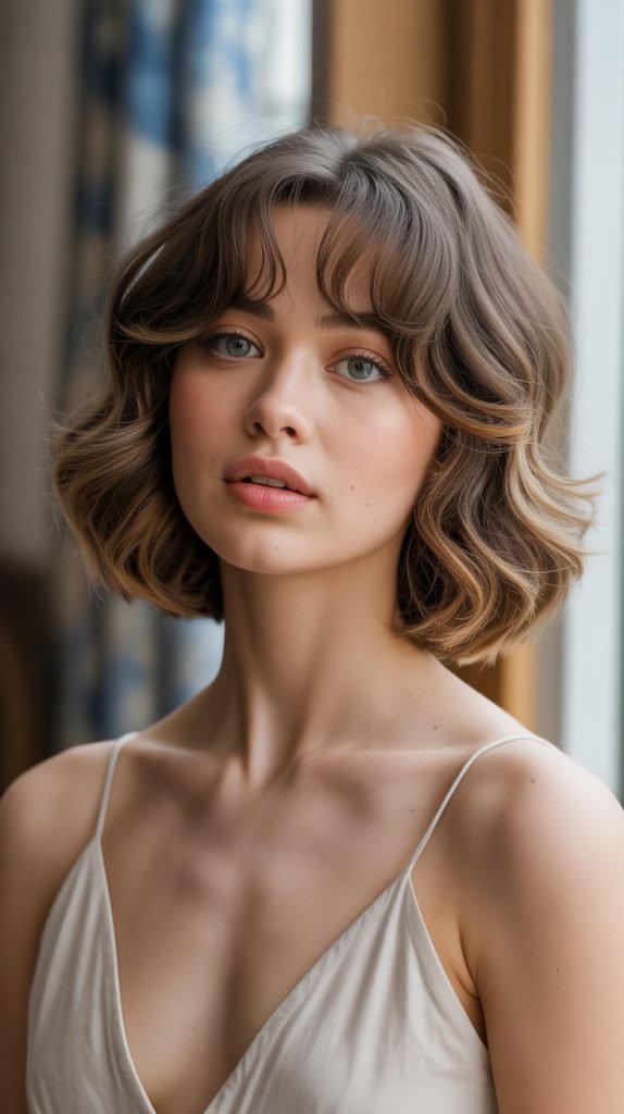  Wavy Long Bob with Side-Swept Curtain Bangs