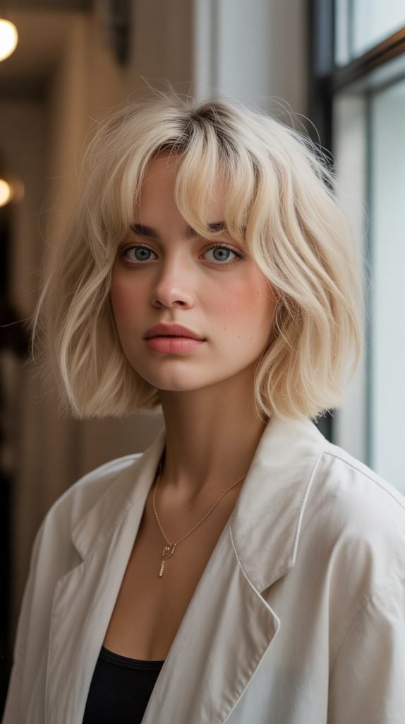 26. Flaxen Blonde Bob with Curtain Bangs