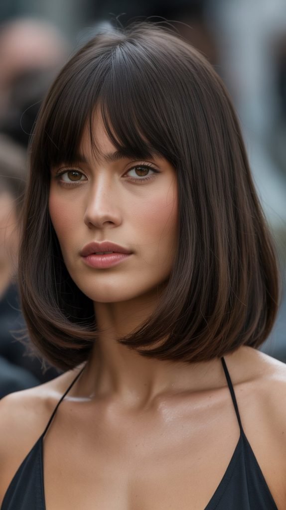 24. Glossy Long Bob with Polished Curtain Bangs