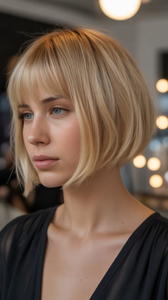 9. Golden Blonde Angled Bob with Curtain Fringe