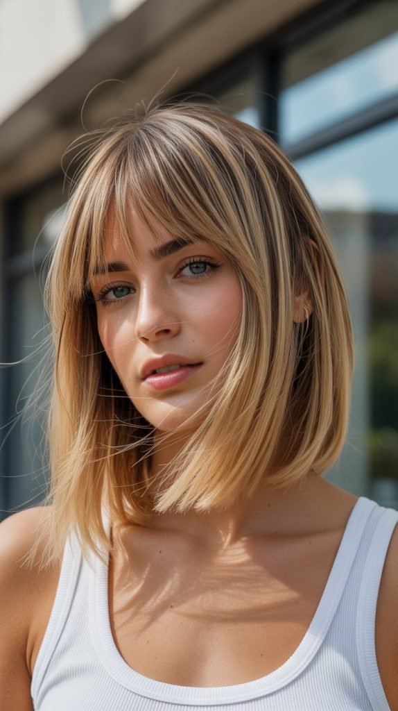 8. Golden Blonde Bob with Curtain Bangs and Highlights