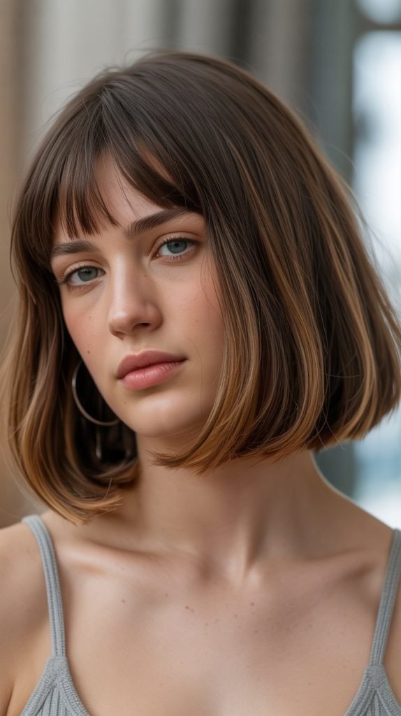 23. Long Bob with Curtain Bangs for Heart-Shaped Faces