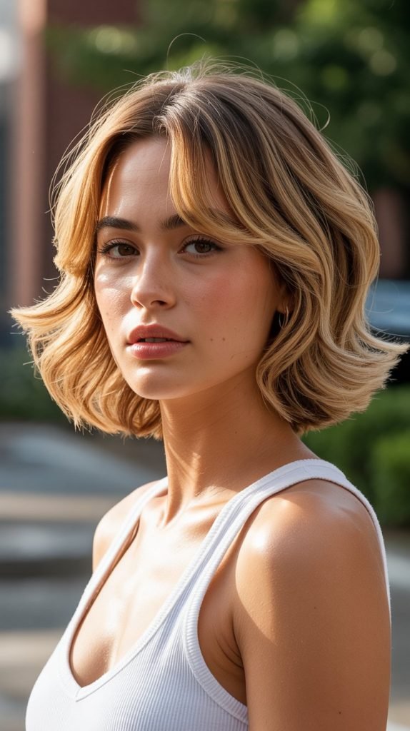 4. Honey Blonde Layered Bob with Side-Swept Curtain Bangs