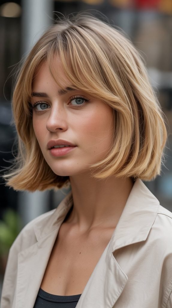 4. Honey Blonde Bob with Wispy Curtain Bangs