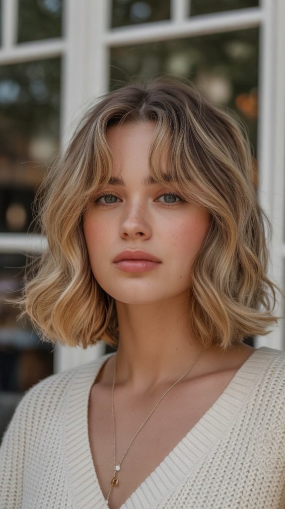 2. Textured Long Bob with Curtain Bangs
