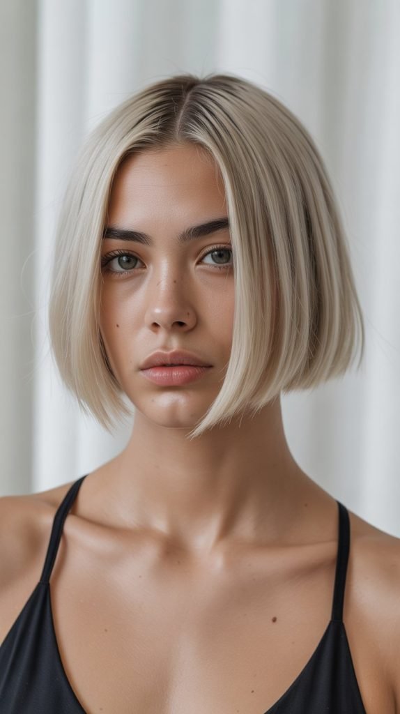 7. Ice Blonde Sleek Bob with Minimal Curtain Bangs