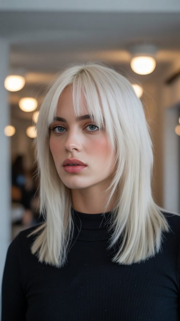 Icy Blonde Sleek Bob with Curtain Bangs