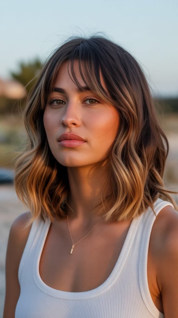 Inverted Bob with Curtain Bangs and Balayage