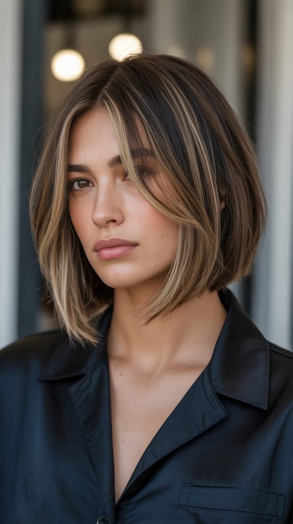 29. Inverted Bob with Curtain Bangs and Lowlights