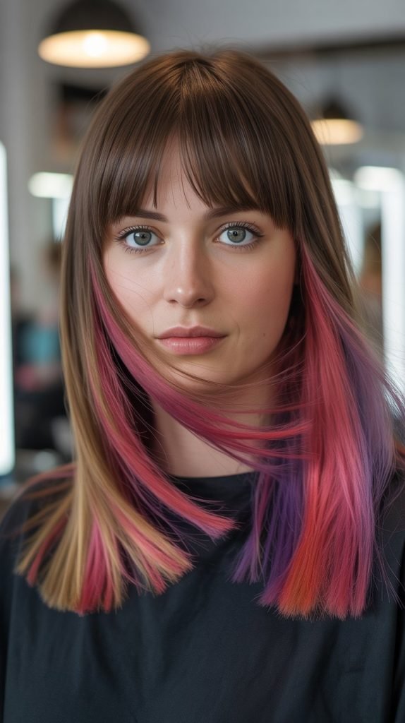 Inverted Bob with Curtain Bangs and Hidden Rainbow Colors