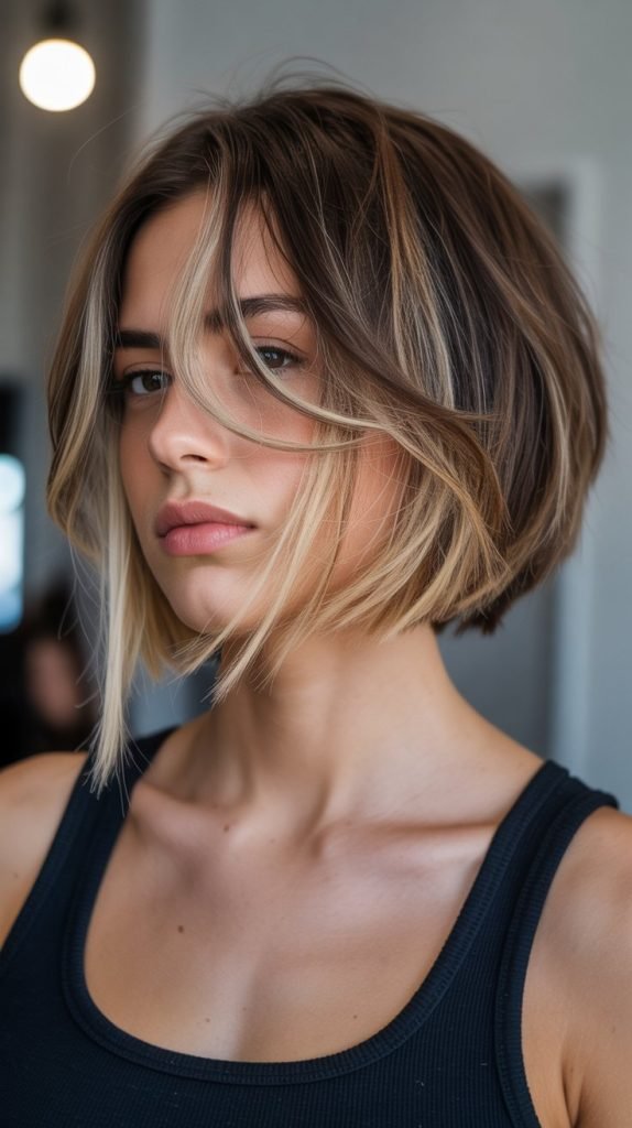 31. Inverted Bob with Curtain Bangs and Peekaboo Highlights