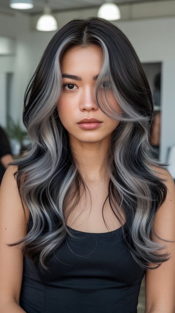 14. Titanium Highlights on Black Hair