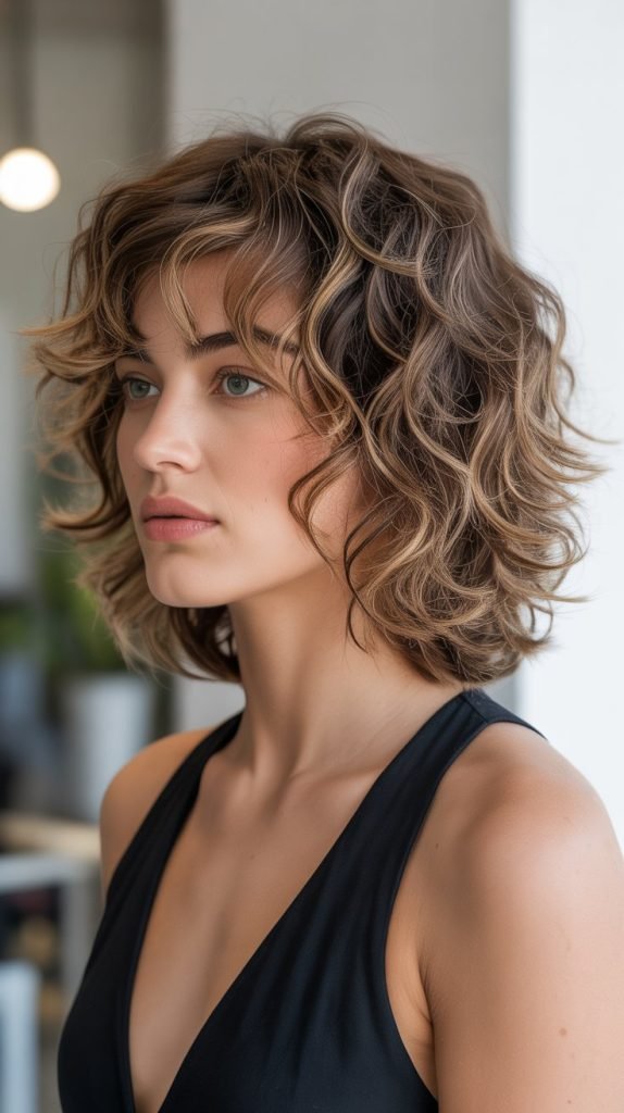 2. Layered Curly Long Bob for Volume Enhancement