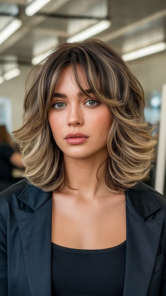 3. Layered Wavy Long Bob with Curtain Bangs