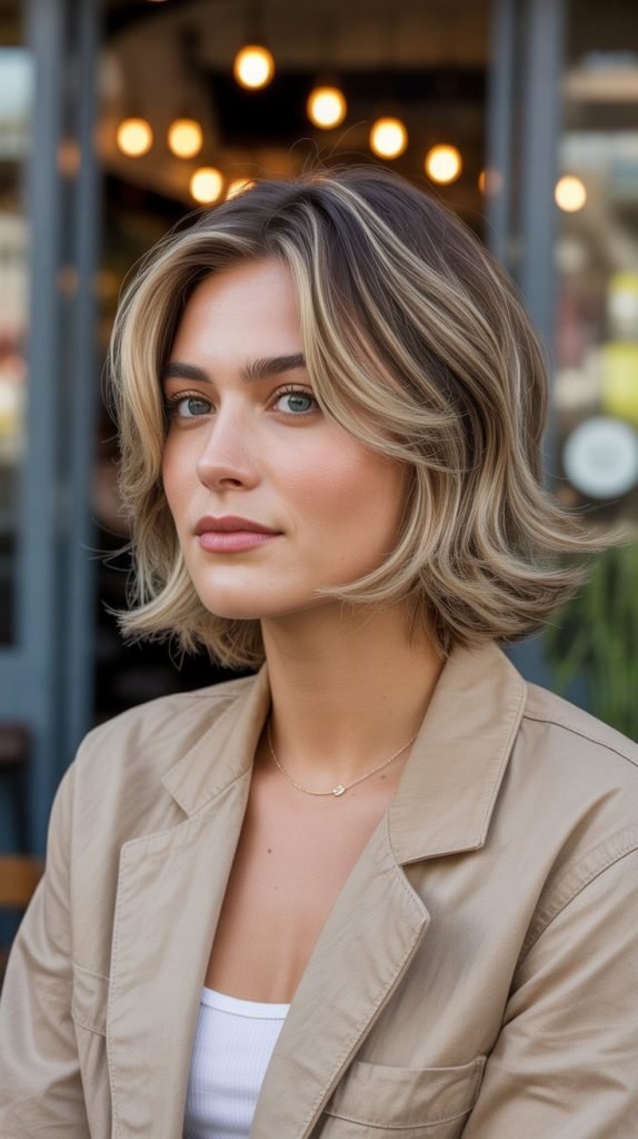 Biscotti Blonde Balayage Layered Short Hair