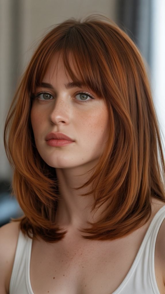 15. Long Bob with Curtain Bangs and Auburn Highlights