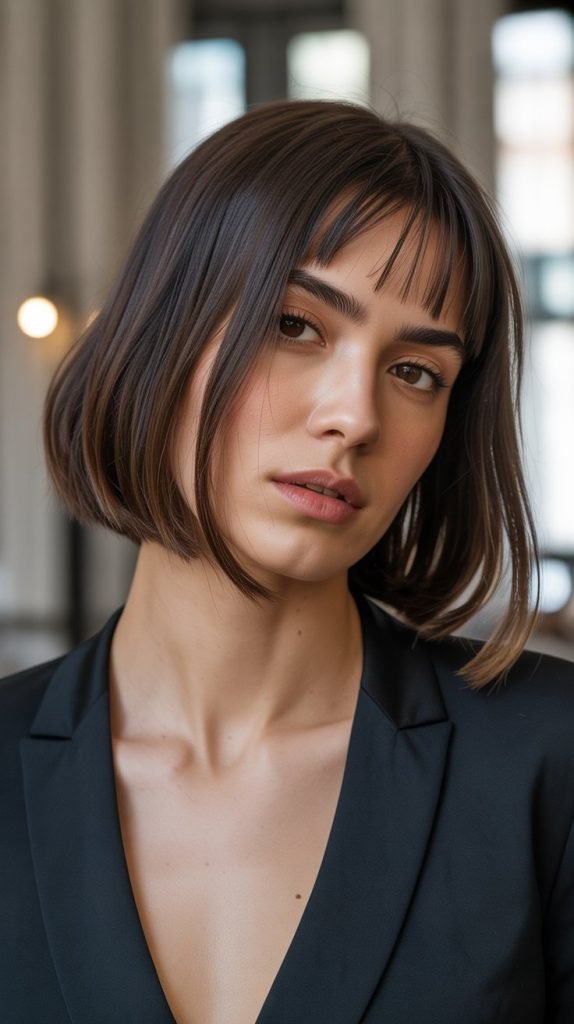 20. Long Bob with Side-Parted Curtain Bangs