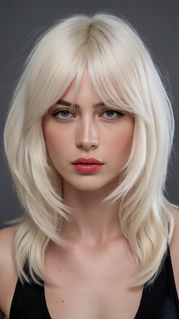 24. Long Bob with Curtain Bangs and Platinum Blonde