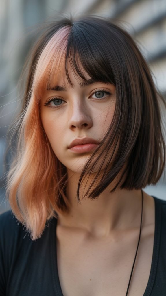 32. Long Bob with Curtain Bangs and Hidden Color