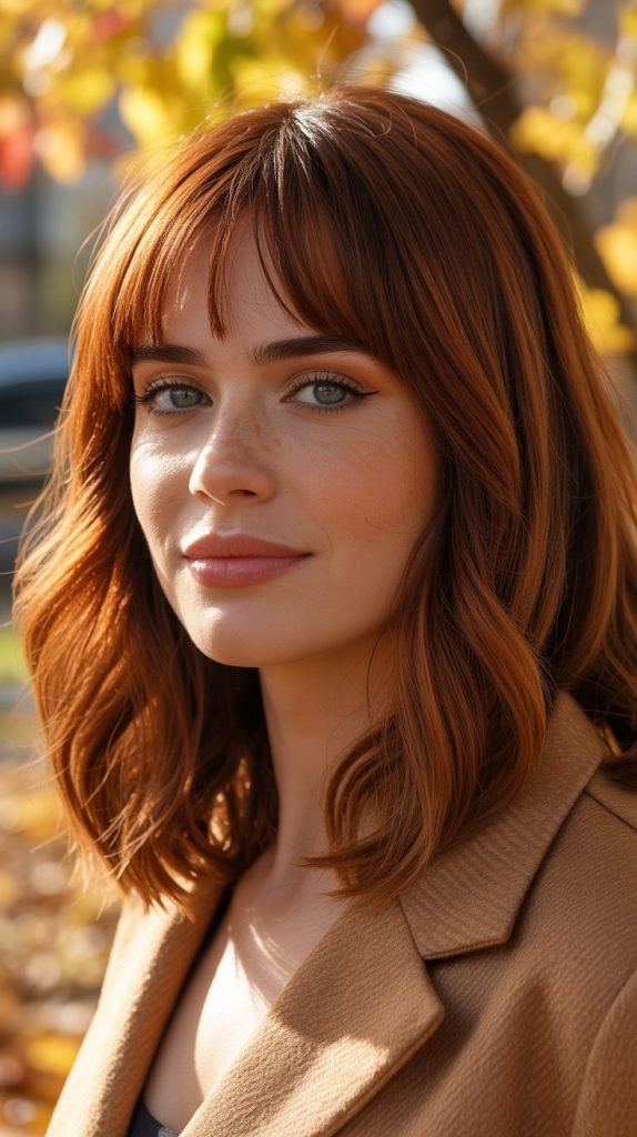 25. Long Bob with Curtain Bangs and Auburn Color