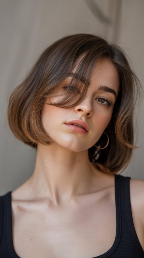 6. Long Bob with Side-Swept Curtain Bangs