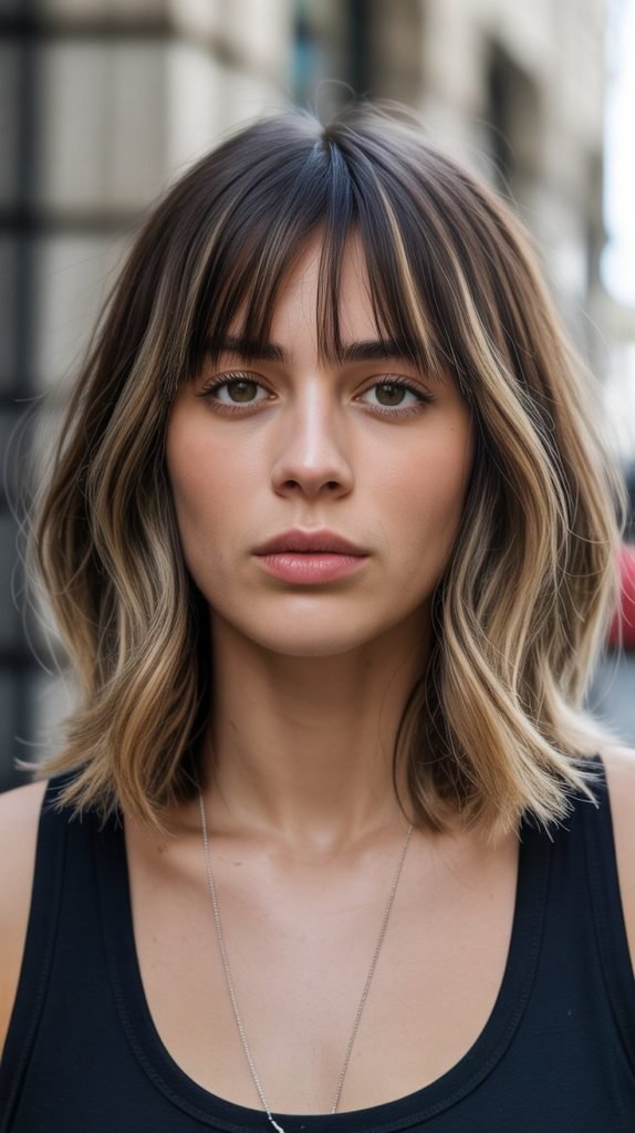 29. Long Bob with Graduated Curtain Bangs