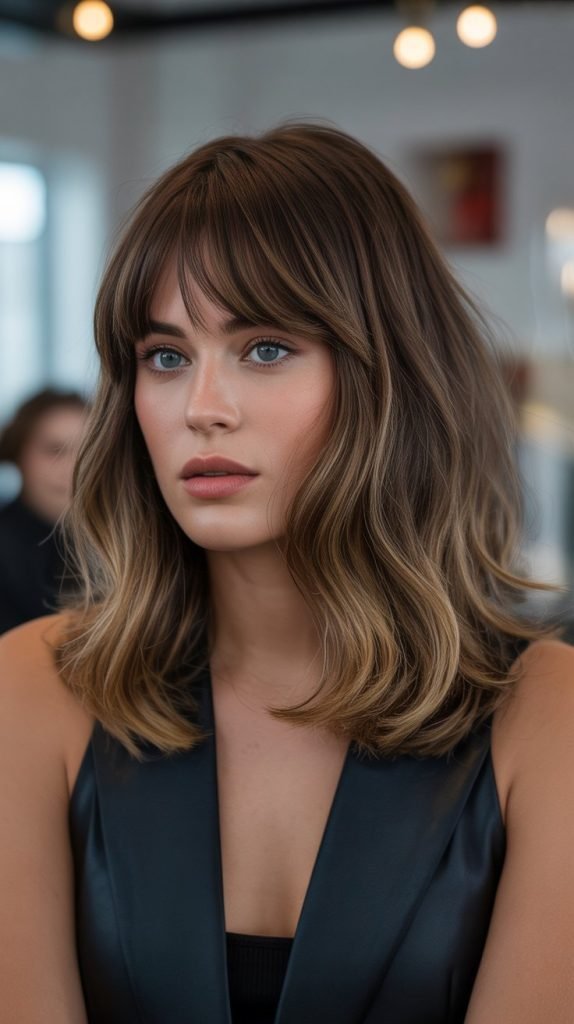 21. Long Bob with Curtain Bangs and Lowlights