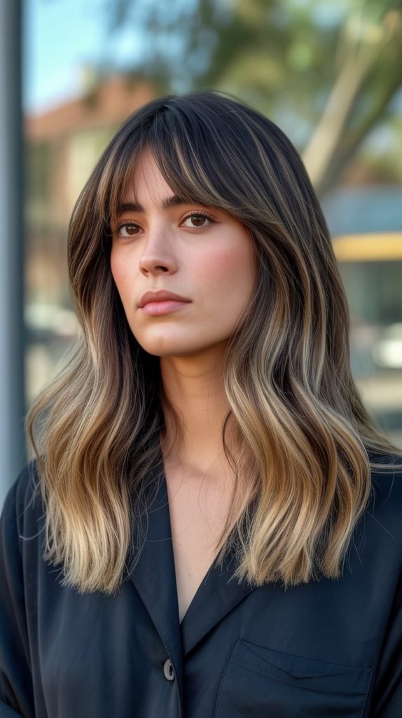 14. Long Bob with Curtain Bangs and Balayage