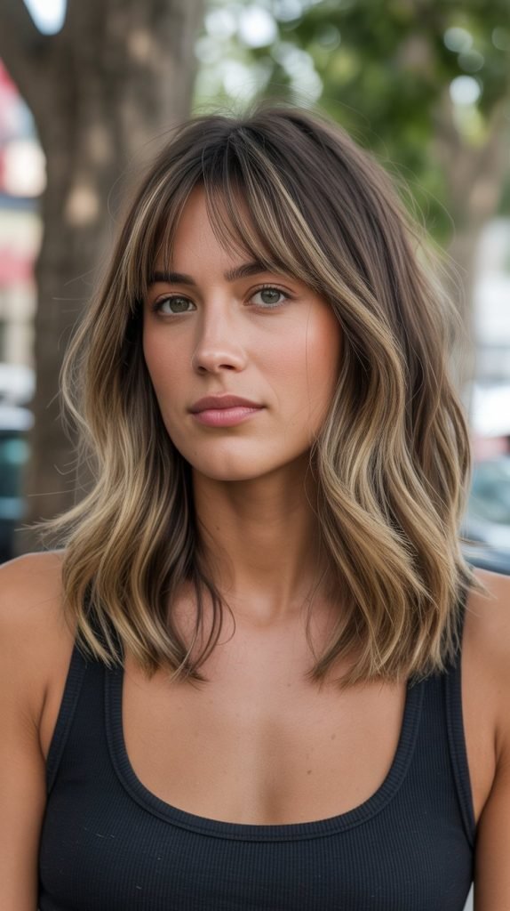 9. Long Bob with Curtain Bangs and Balayage
