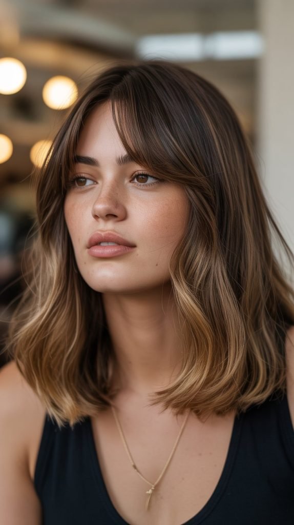 9. Long Bob with Curtain Bangs and Caramel Lowlights