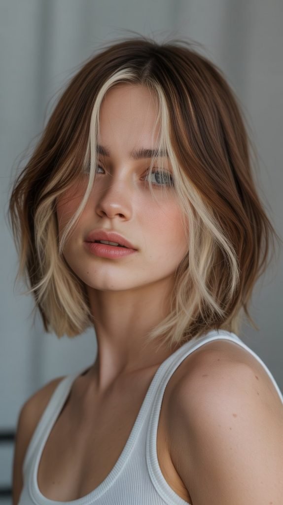 23. Long Bob with Curtain Bangs and Peek-a-Boo Layers