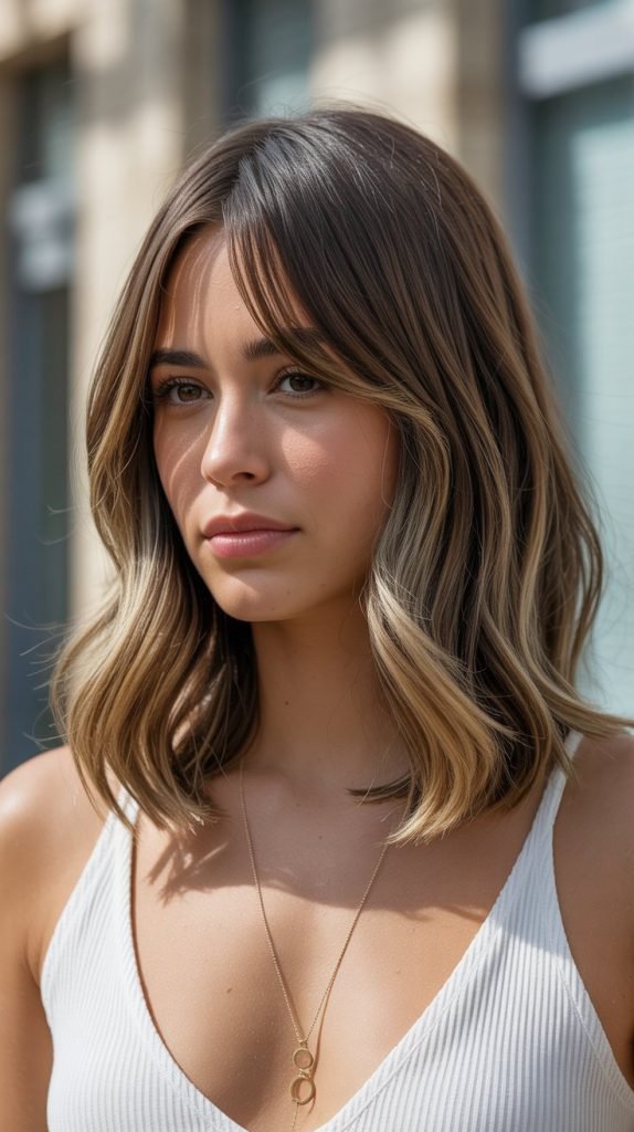 . Balayage Long Bob with Dimensional Curtain Bangs