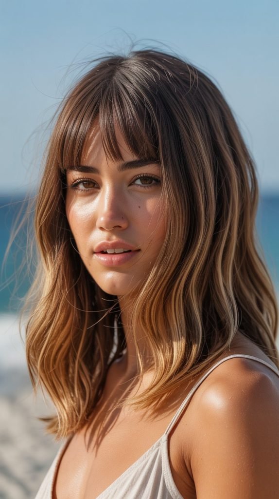 9. Long Bob with Curtain Bangs and Balayage