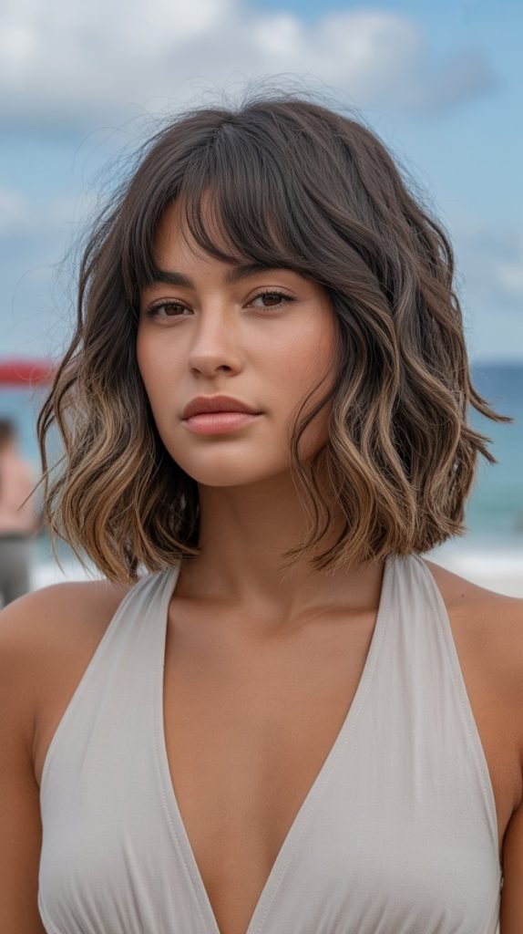 25. Long Bob with Curtain Bangs Styled with Beach Waves