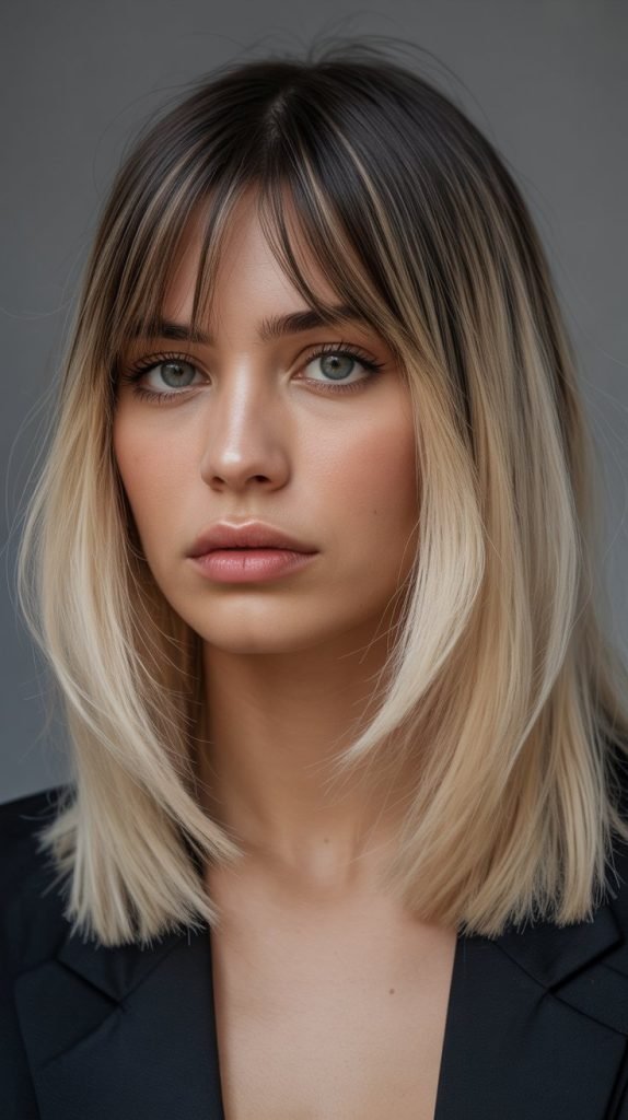 10. Long Bob with Curtain Bangs and Ombré