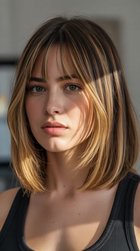 18. Long Bob with Curtain Bangs and Highlights Around Face