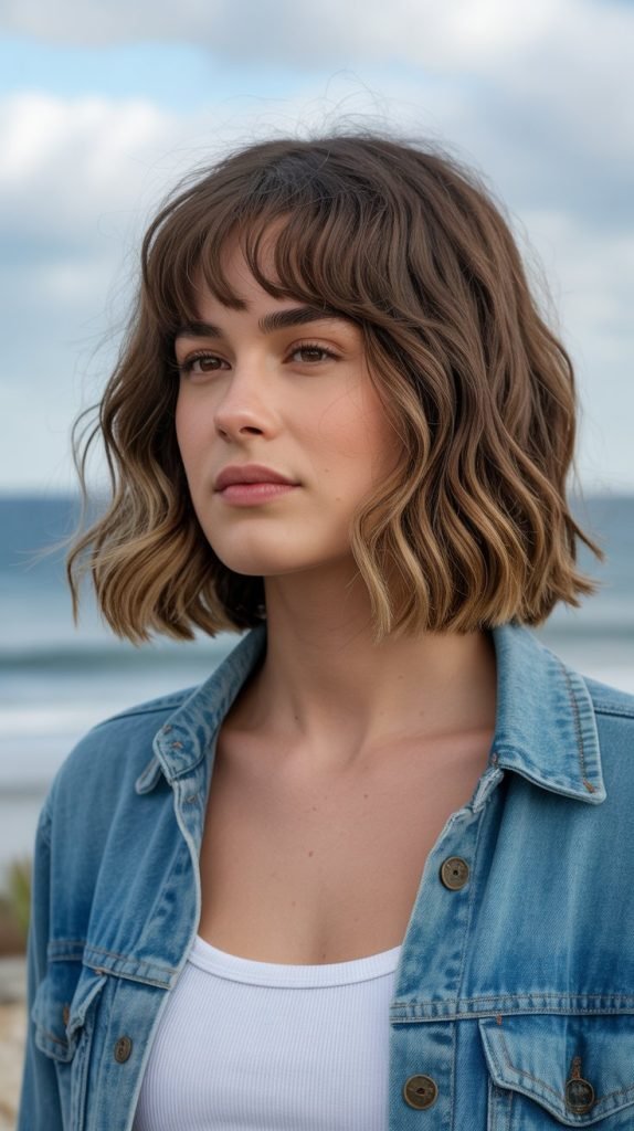 18. Long Bob with Curtain Bangs and Beach Waves