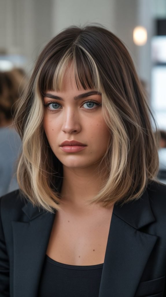 24. Long Bob with Curtain Bangs and Money Pieces